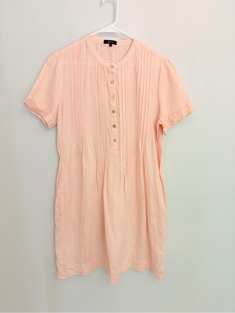 Quince Short Sleeve Pintuck Dress in Blush Pink